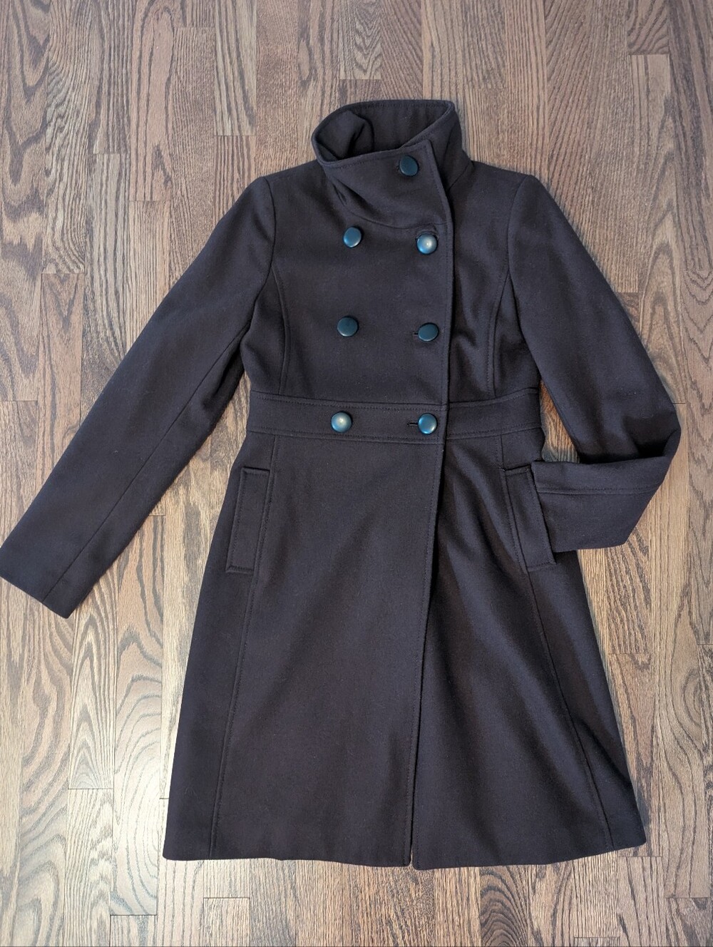 Vintage Old Navy Dark Chocolate Brown Double-Breasted Funnel Collar Wool Coat